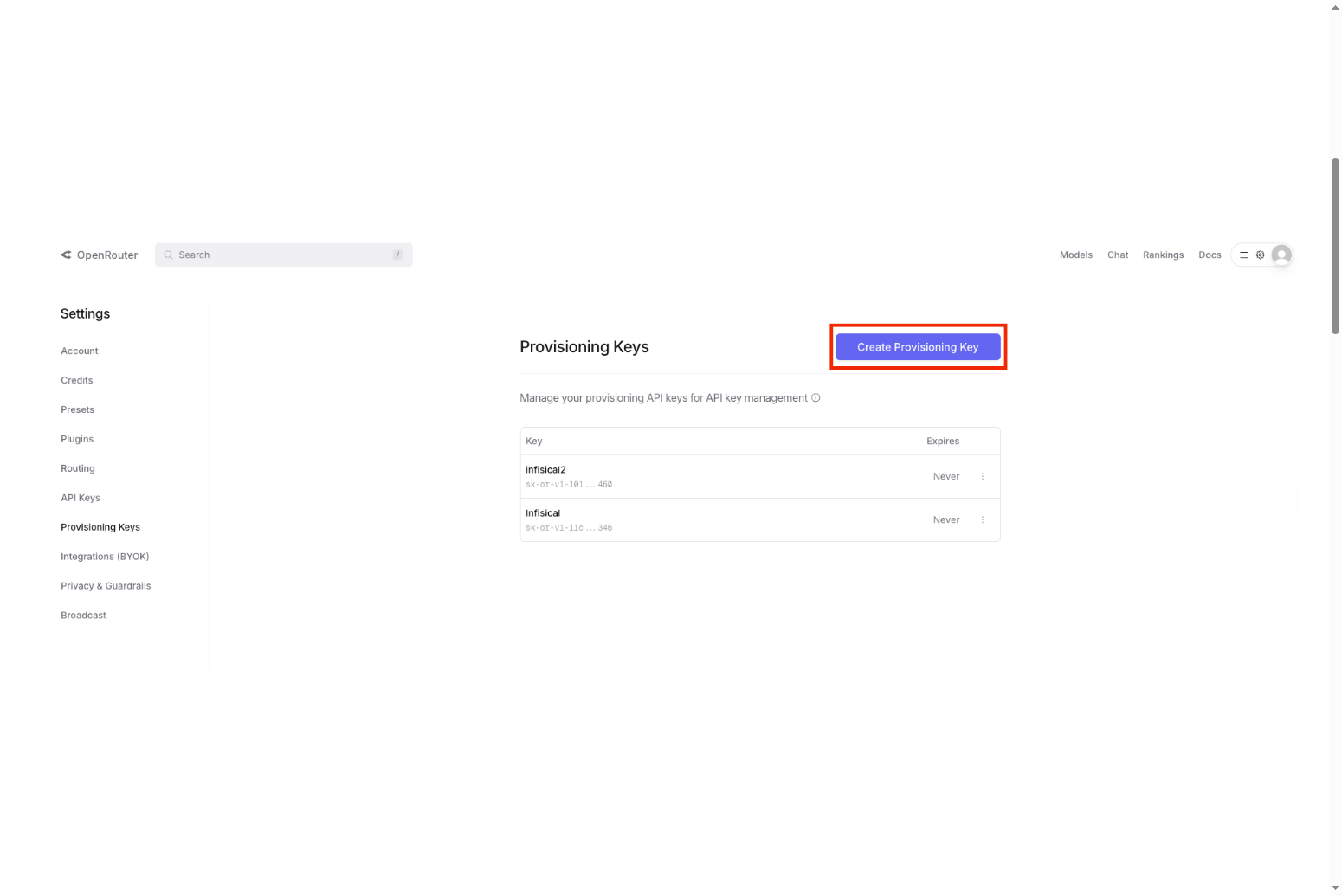 OpenRouter Management Keys page showing the Create Management Key button